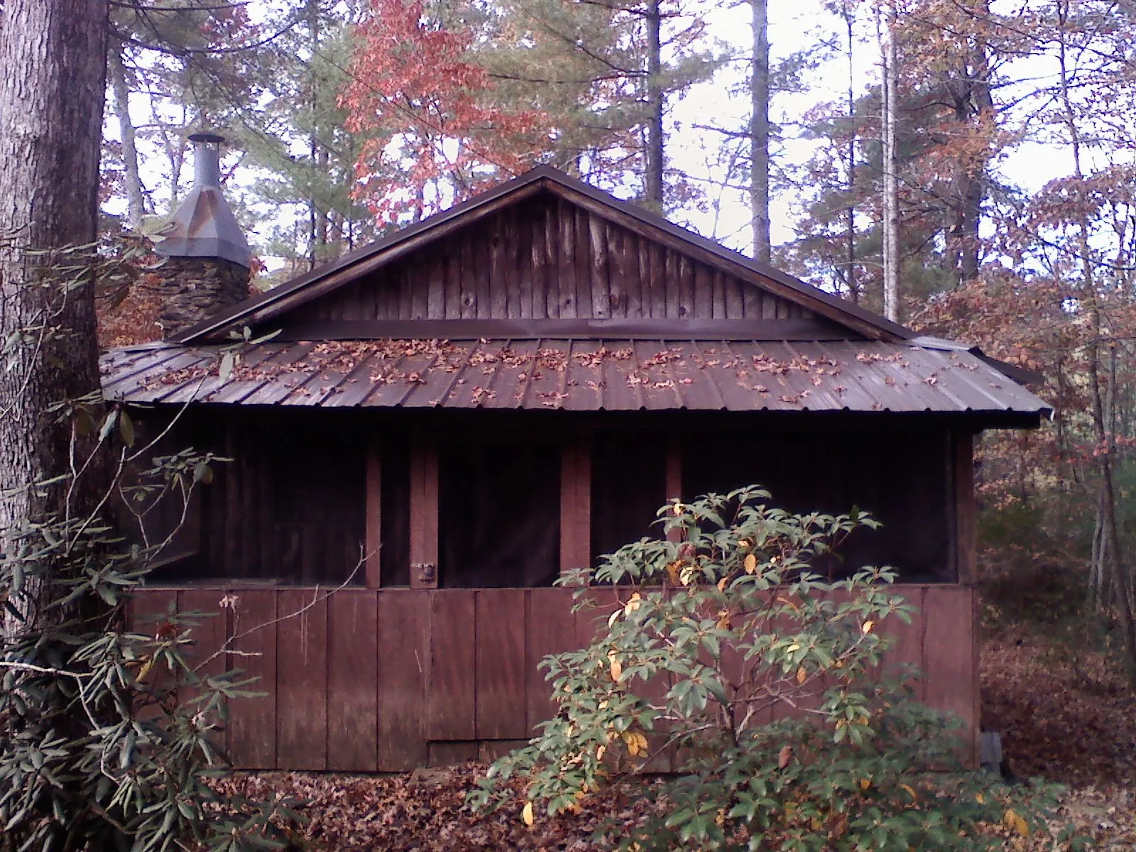 Metal roof over the screened porch of a rustic cabin in Mc Farlan