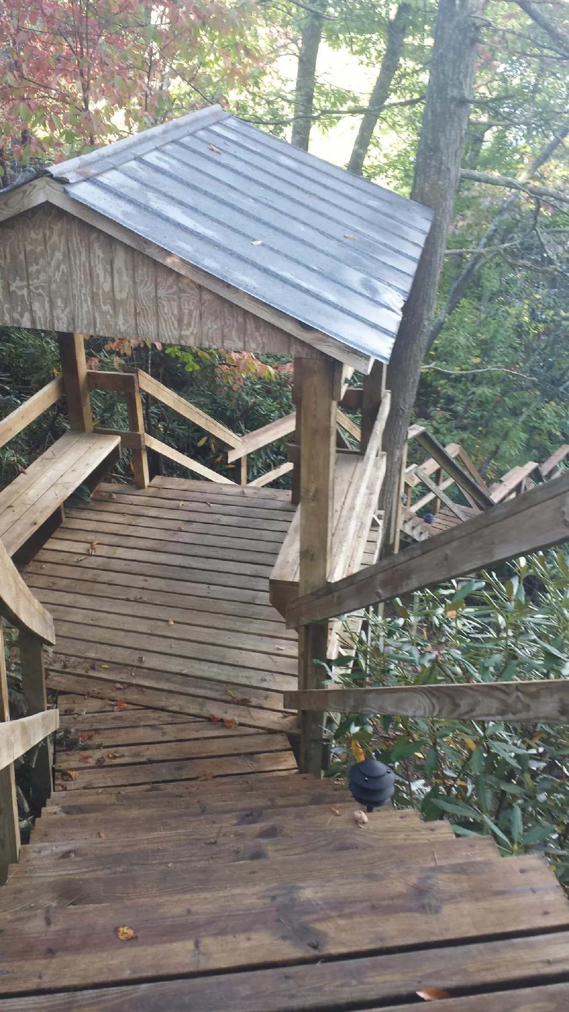 Metal roofed shelter over wooden steps on a wooded walkway — Skylight Repair & Installation work by our crew in Mc Farlan